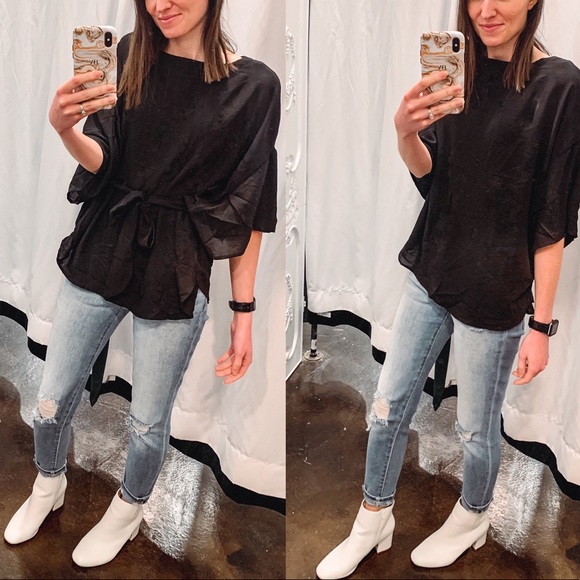 WAIST TIE BLOUSE-BLACK - Picture 1 of 9